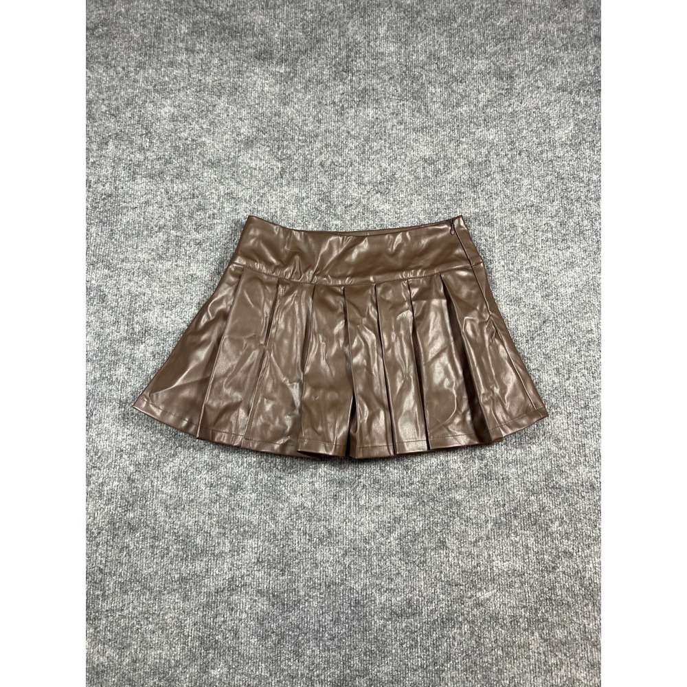 Dazy Faux Leather Mini Skirt Womens Small Brown Pleated Side Zip Ruffle Hem